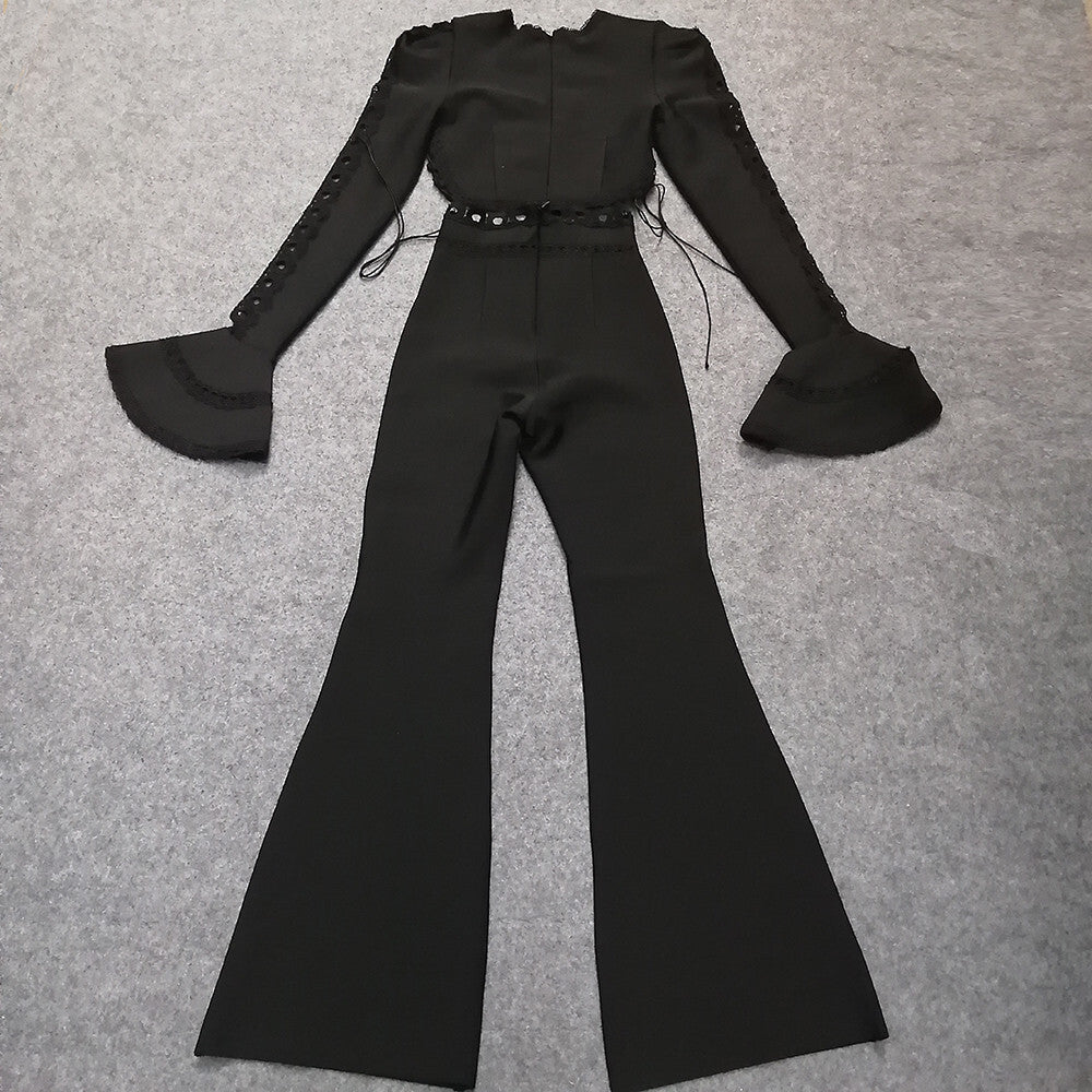 Lace-Trimmed Bell-Sleeve Crop Top + High-Waisted Flared Pants Set (Black & White)