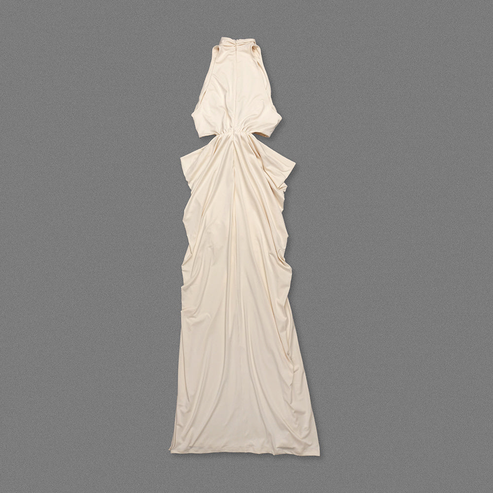Cream Halter Cutout Ruched Maxi Gown