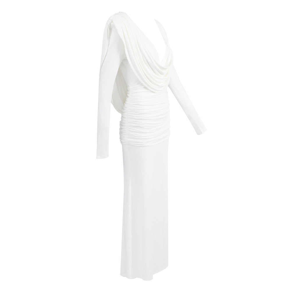 White Draped Cowl-Neck Mermaid Gown