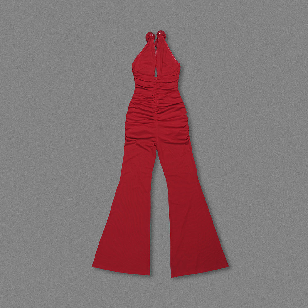 Ruched Cutout Halter Jumpsuit with 3D Rose Embellishment & Sheer Wide-Leg Pants