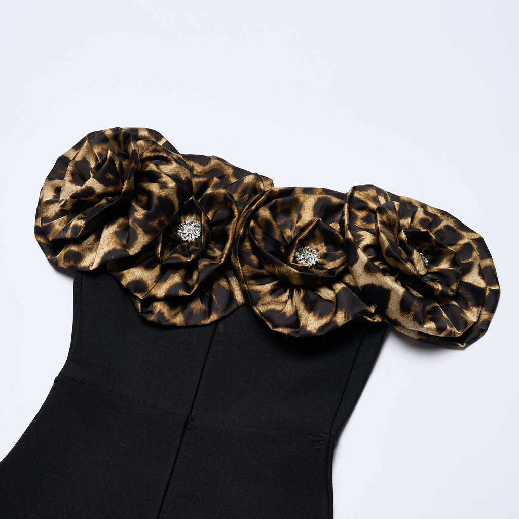 Black Off-Shoulder Leopard Ruffle Gown