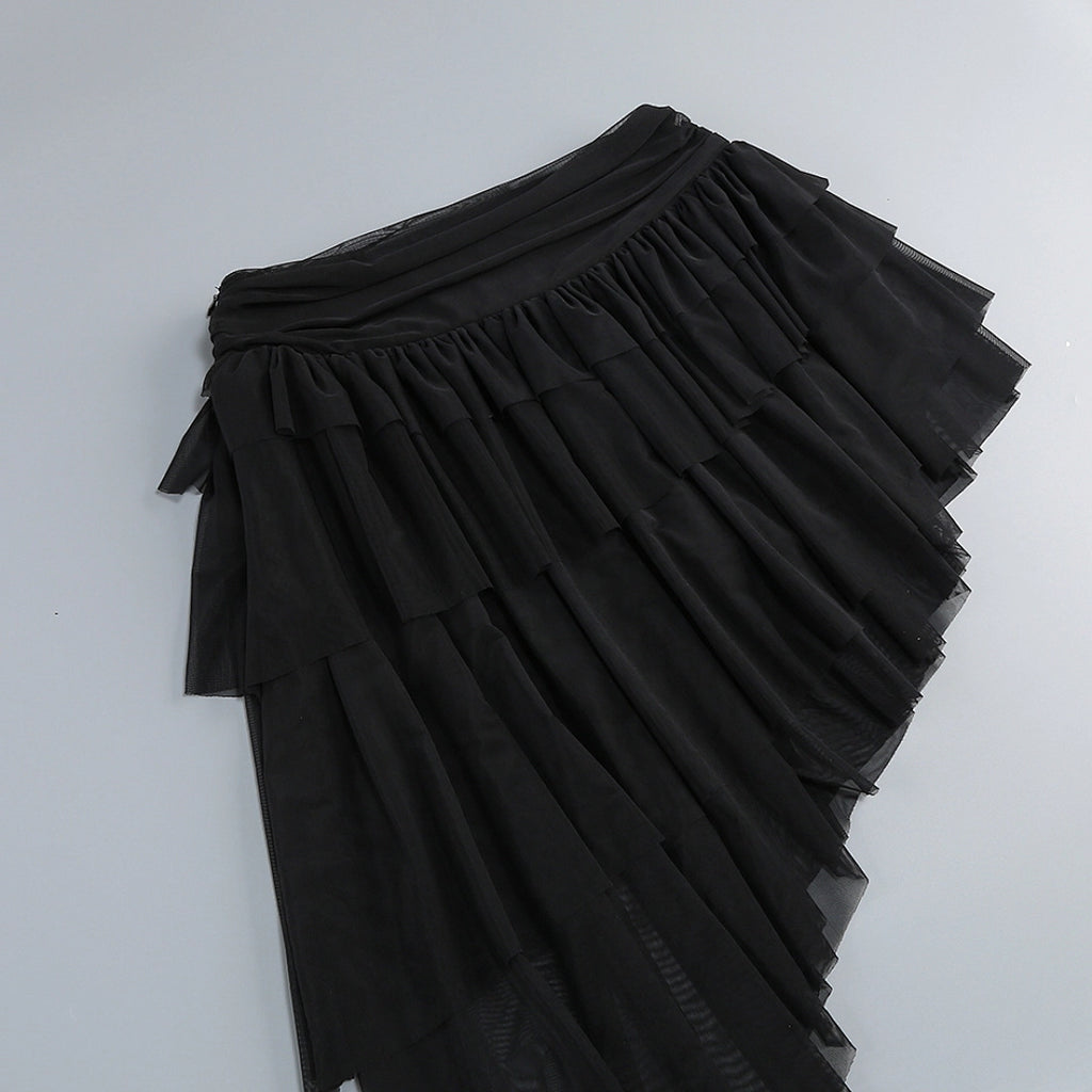 Luxury Black Strapless Corset Dress with Asymmetric Ruffle Skirt