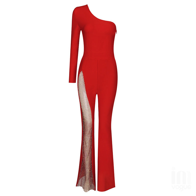Luxury One-Shoulder Mesh Panel Flared Jumpsuit (Black/White/Red/Green)