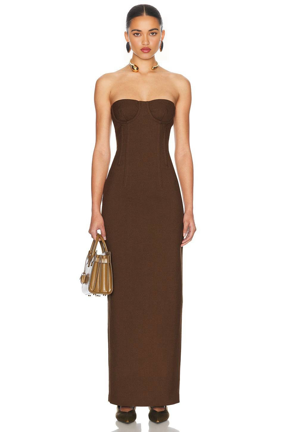 Espresso Brown Strapless Corset Maxi Gown