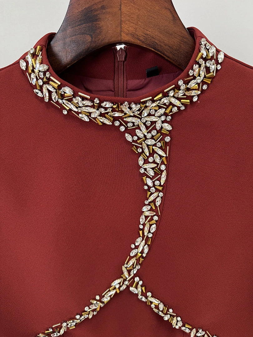 Navy Blue Satin Evening Gown with Crystal Embellishments & Sweetheart Neckline