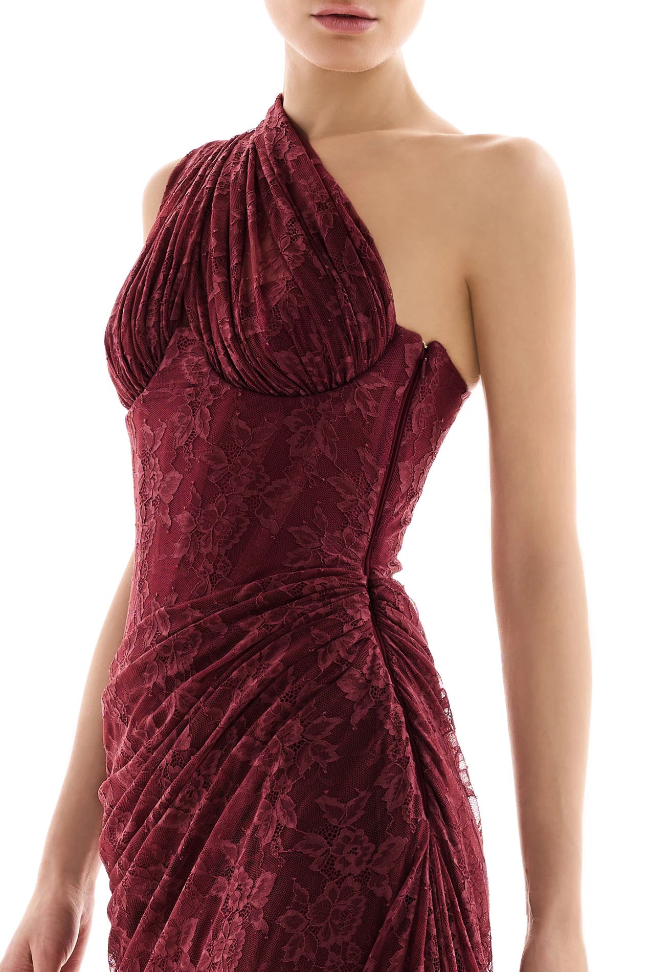 Burgundy One-Shoulder Lace Evening Gown