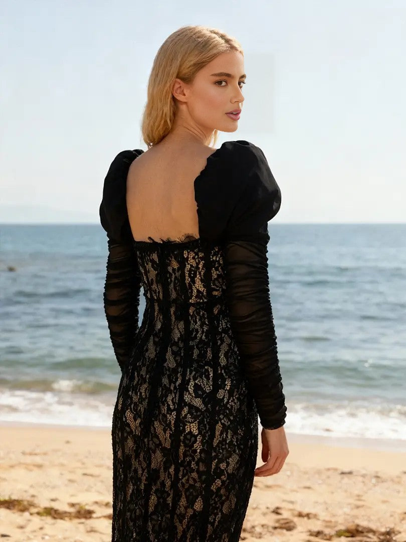 Black Sequin Mermaid Evening Gown, Off-Shoulder Floor-Length