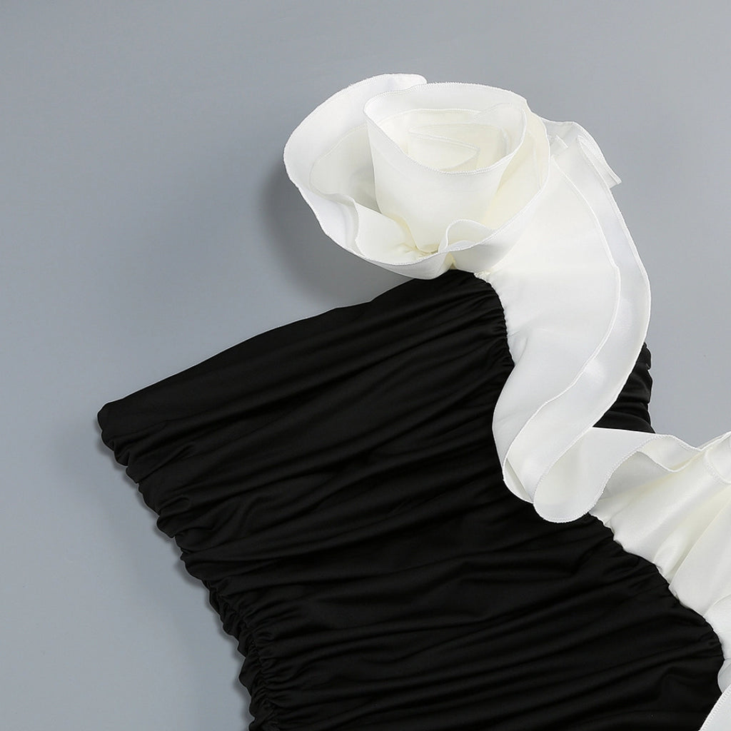 Black Satin A-Line Evening Gown with Sequin V-Neck & Chapel Train