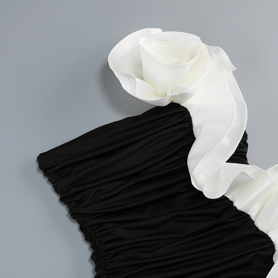 Black Satin A-Line Evening Gown with Sequin V-Neck & Chapel Train