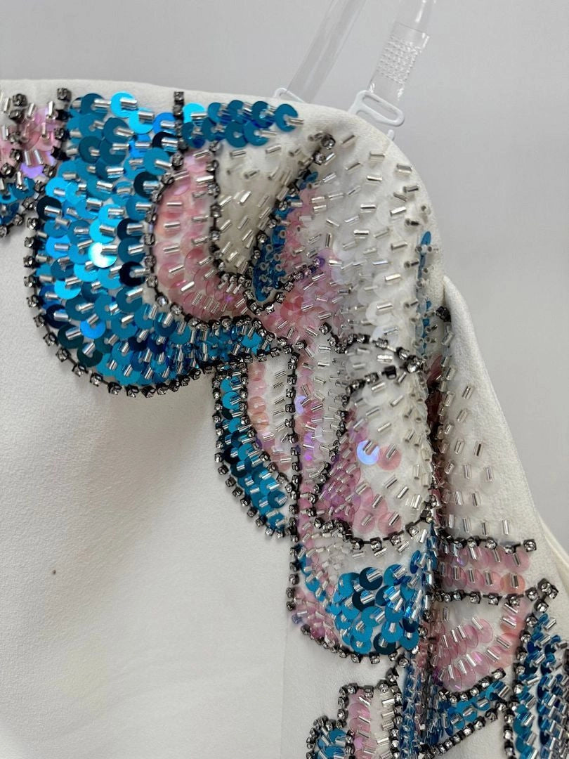 Navy Blue Satin Mermaid Evening Gown with Beaded Detailing