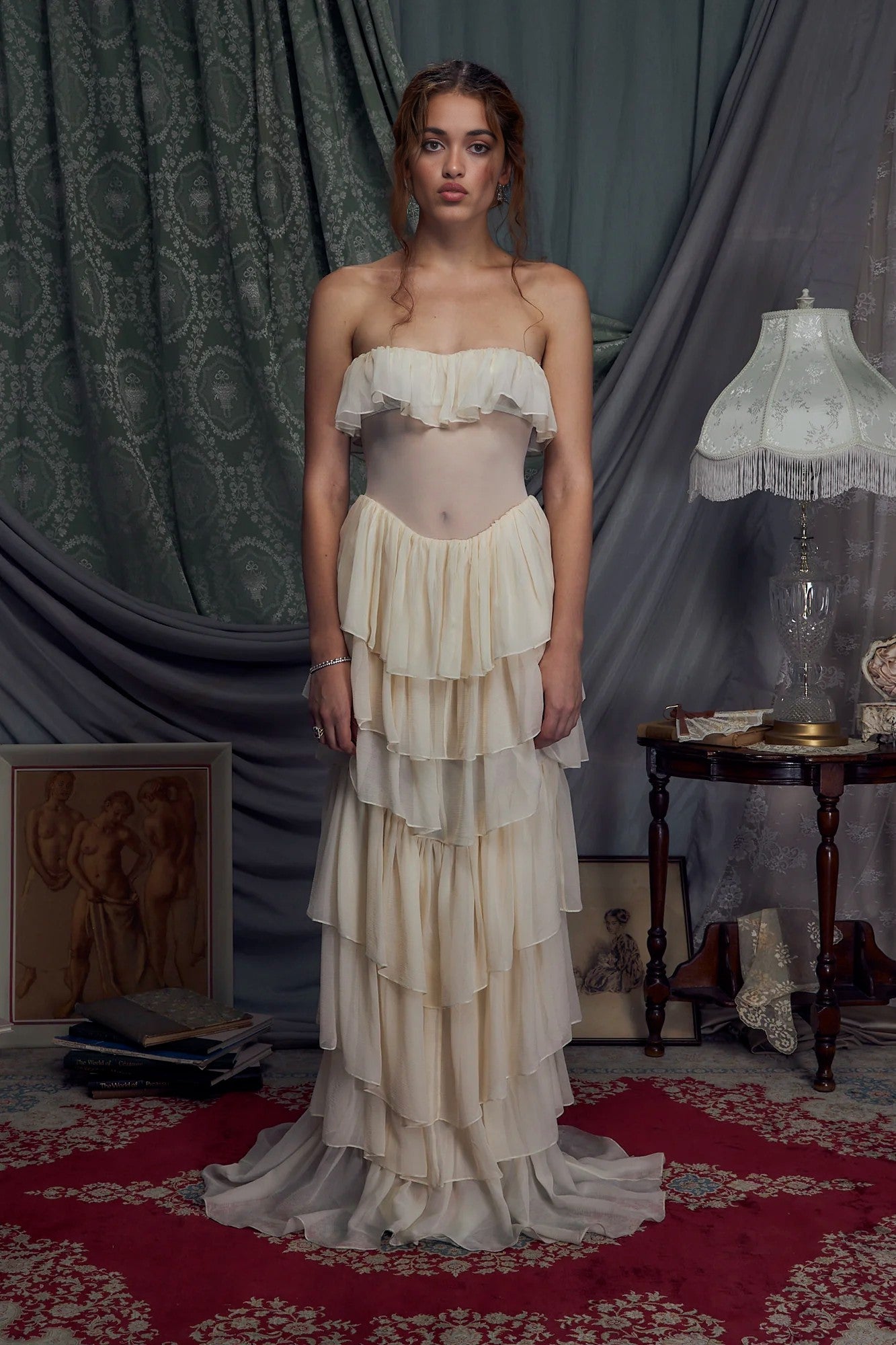 Vintage strapless satin corset-style tiered dress