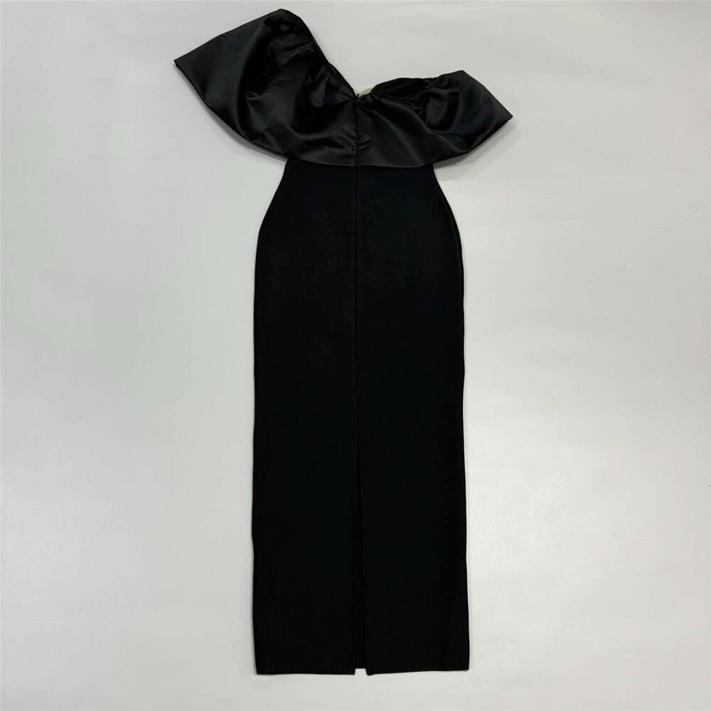 Black Velvet One-Shoulder Oversized Ruffle Gown