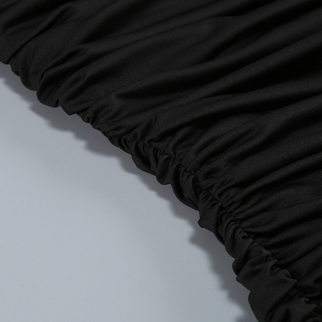 Black Satin A-Line Evening Gown with Sequin V-Neck & Chapel Train