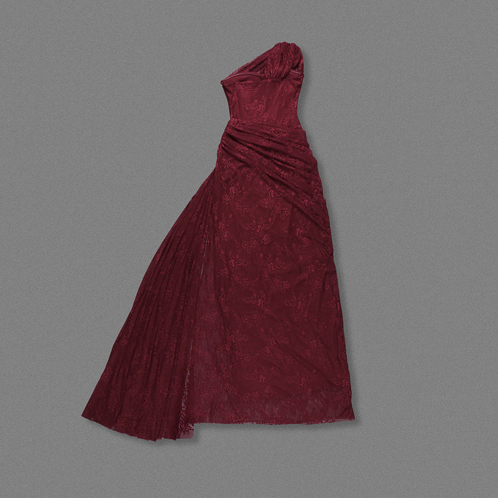 Burgundy One-Shoulder Lace Evening Gown
