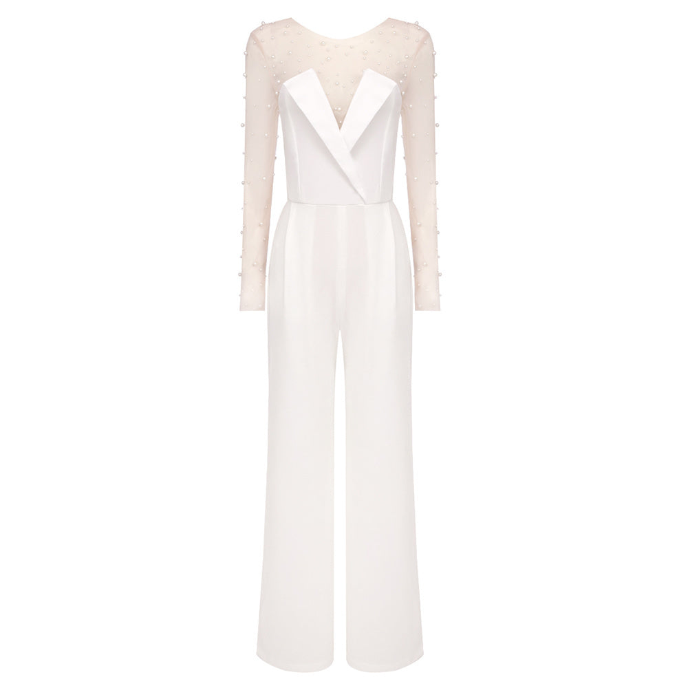 White Strapless Wide-Leg Jumpsuit with Pearl-Embellished Mesh Bodysuit Set