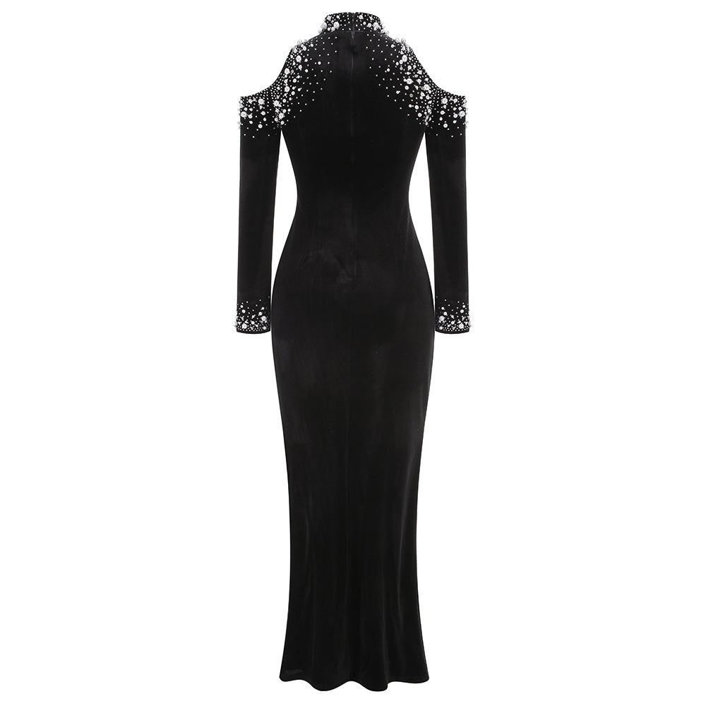 Black Velvet Cold-Shoulder Gown