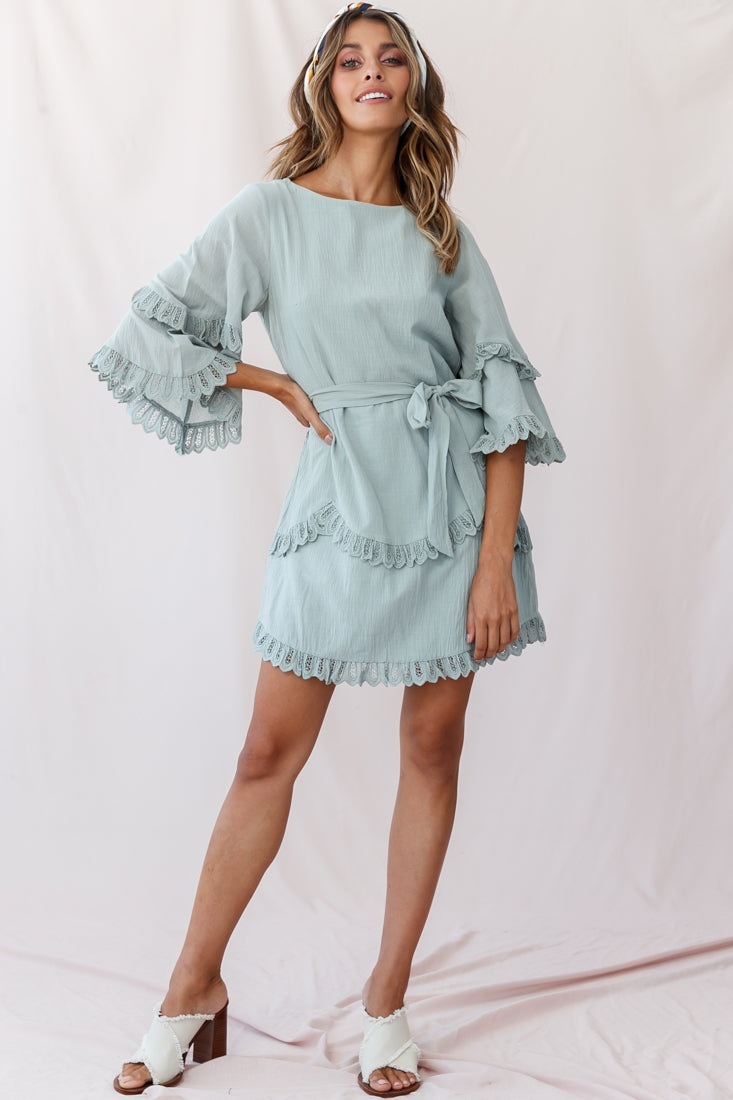 Talitha Waist Tie Lace Trim Dress Sage by Selfie Leslie