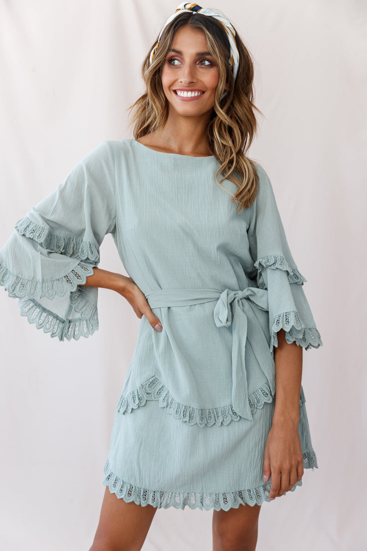Talitha Waist Tie Lace Trim Dress Sage by Selfie Leslie