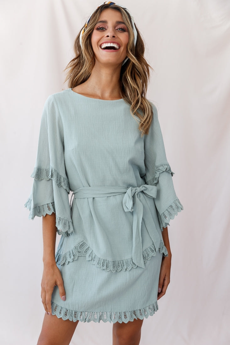 Talitha Waist Tie Lace Trim Dress Sage by Selfie Leslie