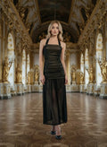 Black Crystal-Embellished A-Line Evening Gown