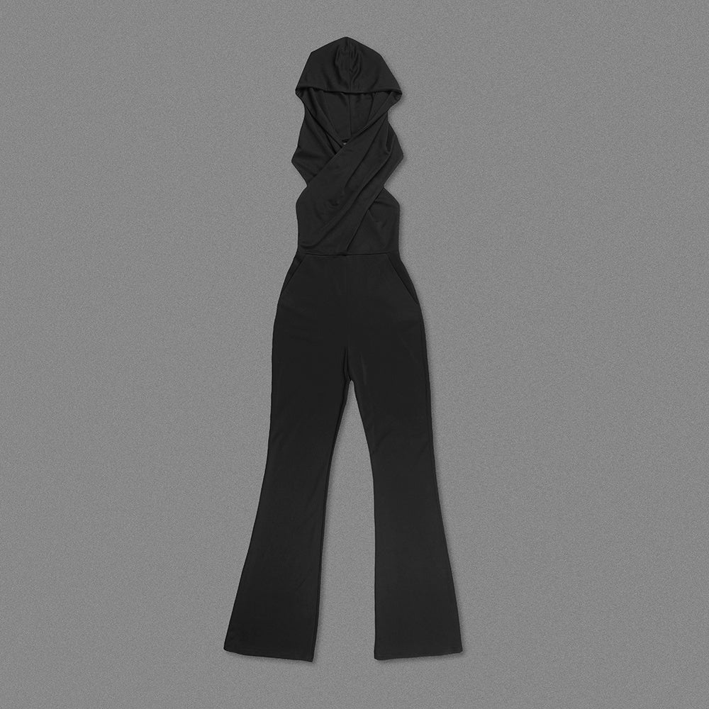 Luxury Black Hooded Halter Backless Wide-Leg Jumpsuit