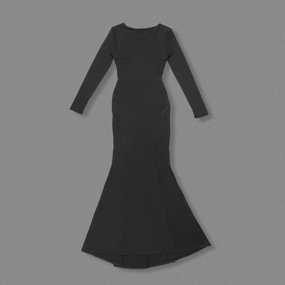 Black Long-Sleeve Open-Back Buckle-Embellished Mermaid Gown