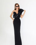 Black Velvet One-Shoulder Oversized Ruffle Gown