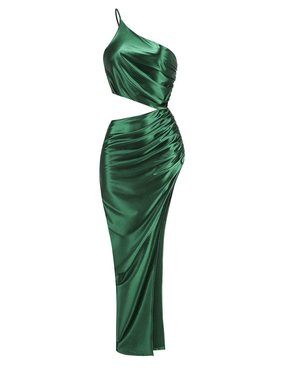 Emerald Satin One-Shoulder Cutout Gown