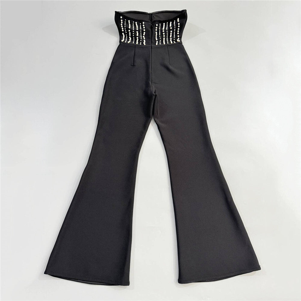 Black Pearl-Embellished Strapless Bustier & Flared Wide-Leg Pants Set