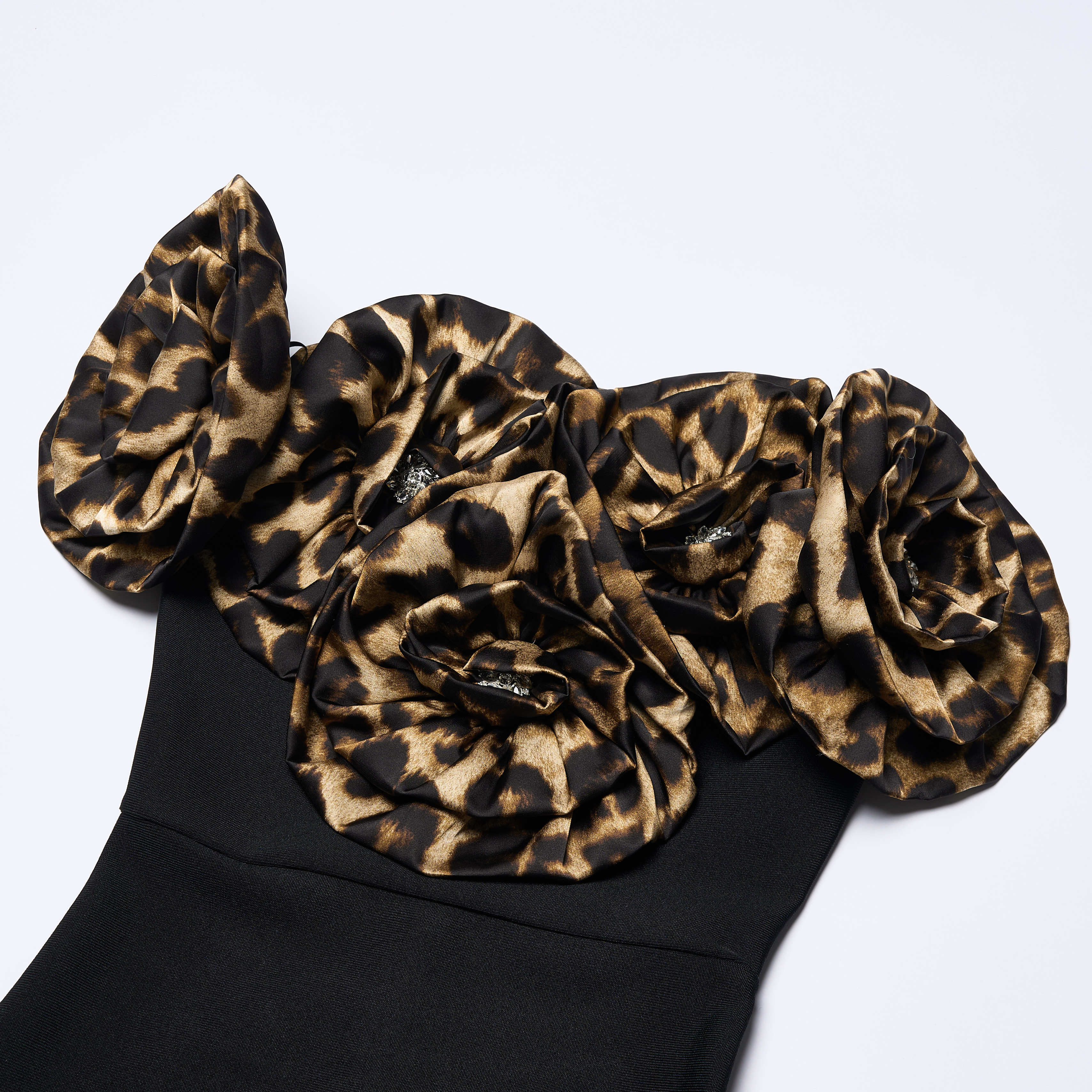 Black Off-Shoulder Leopard Ruffle Gown