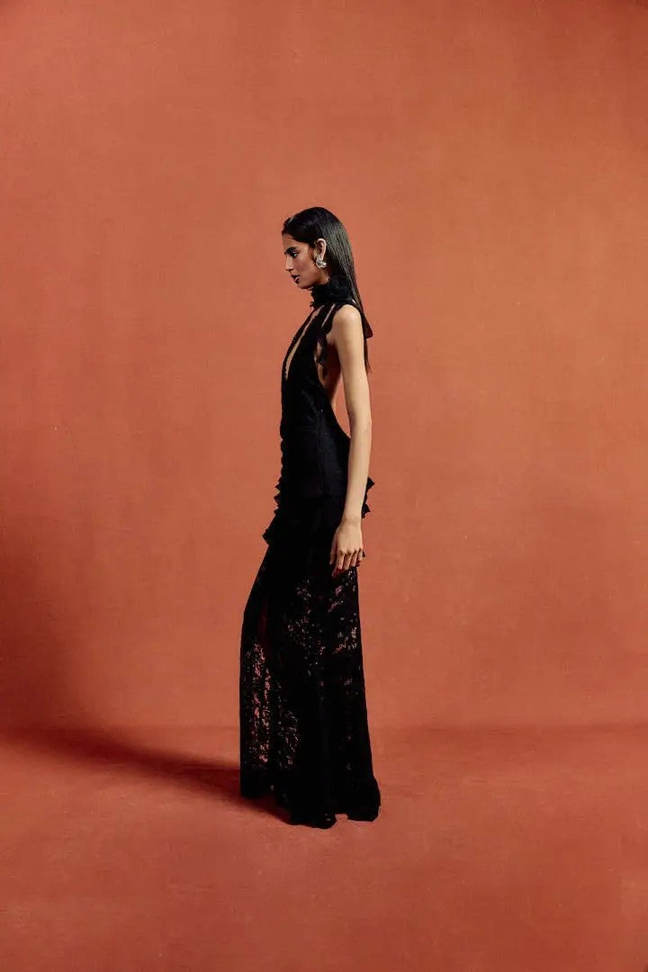 Black Satin A-line Evening Gown with Sweetheart Neckline & Crystals