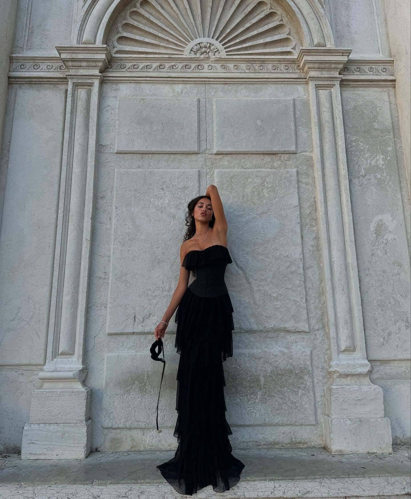 Vintage strapless satin corset-style tiered dress