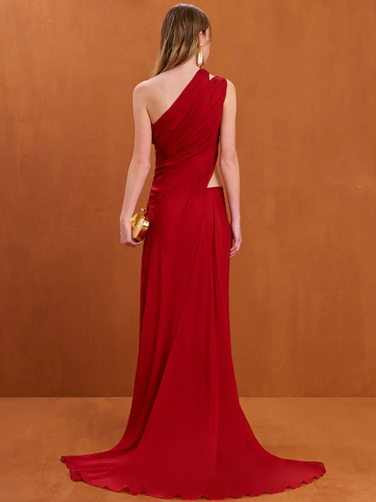 Crimson One-Shoulder Cut-Out Gown