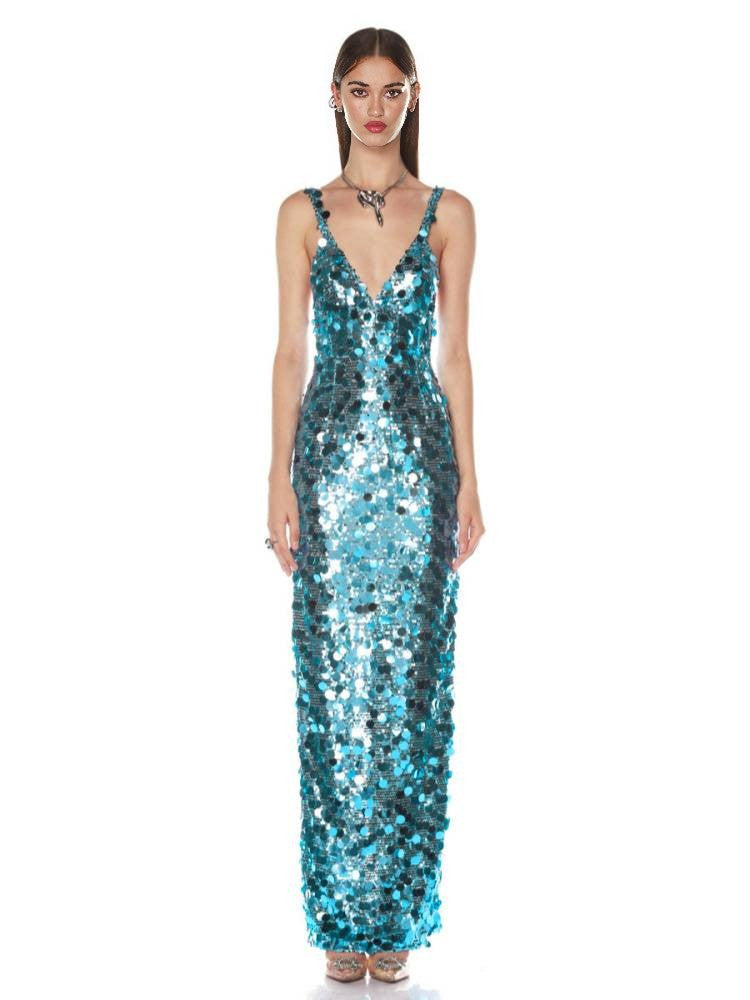 Aquamarine Sequin V-Neck Backless Maxi Gown