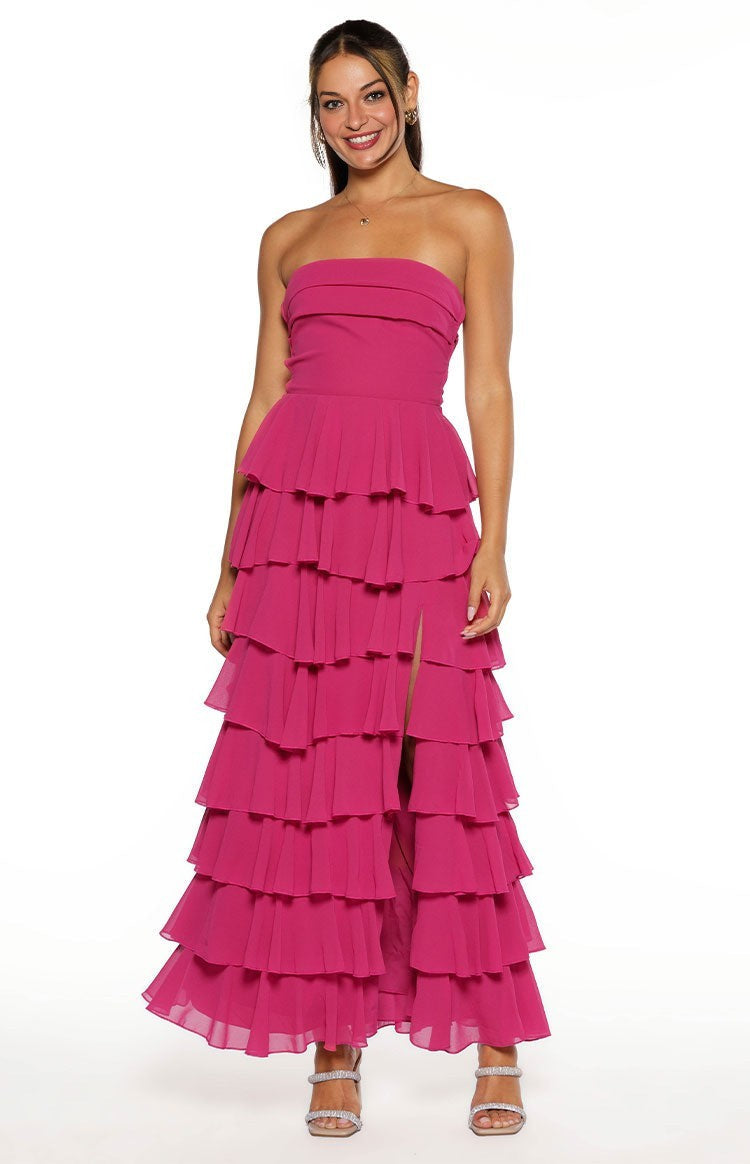 Elegeleges Multi-Color Strapless Ruffle Maxi Dresses