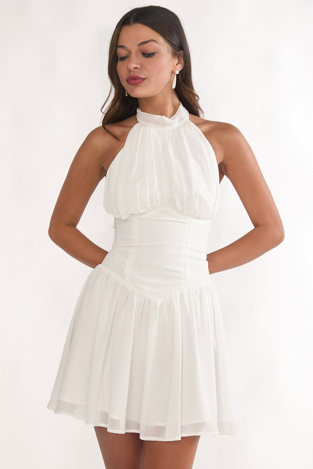 Elegeleges High Neck Halterneck Mini Dress White