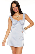 Elegeleges Light Blue Satin Ruffle Strap Mini Dress