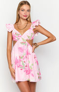 Elegeleges Pink Floral Print Mini Dress
