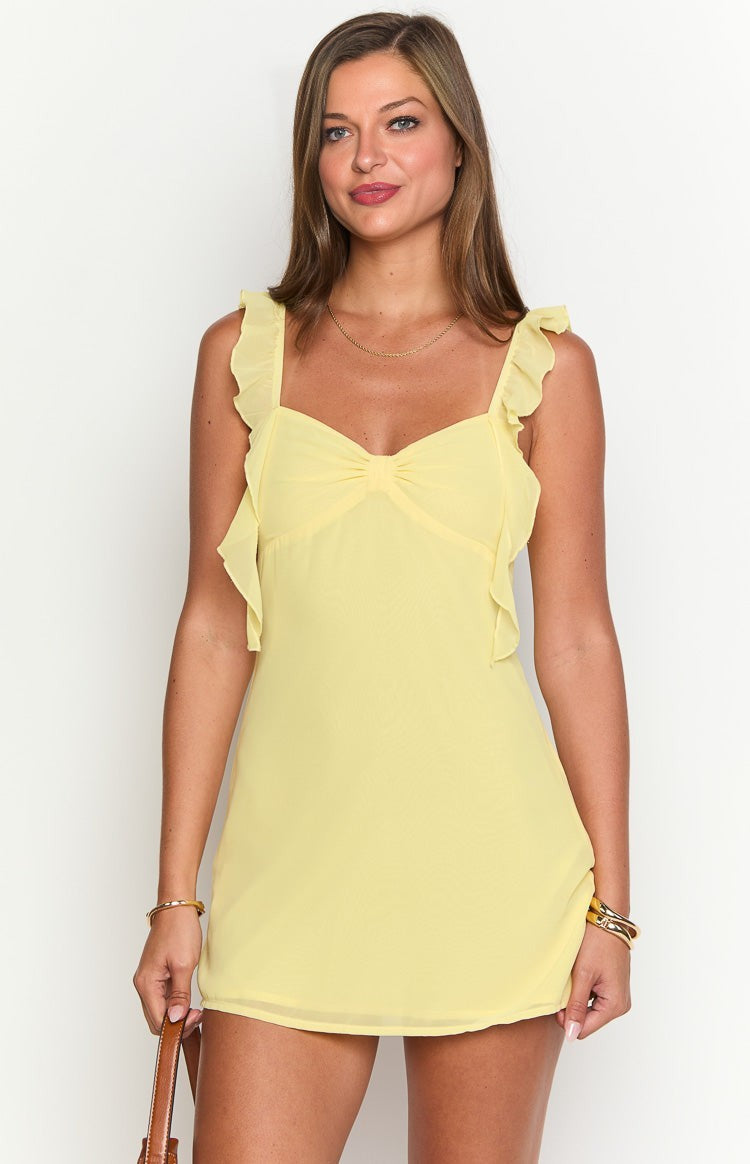 Elegeleges Yellow Chiffon Ruffle Mini Dress