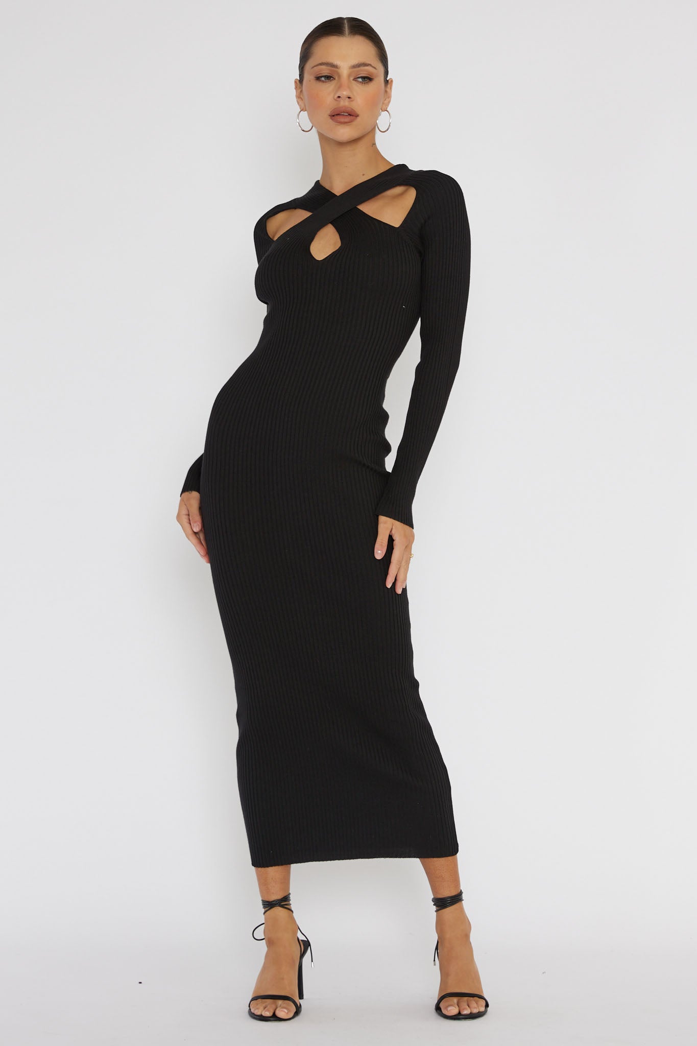 One Mind Cut-Out Neckline Knit Midi Dress Black by Selfie Leslie
