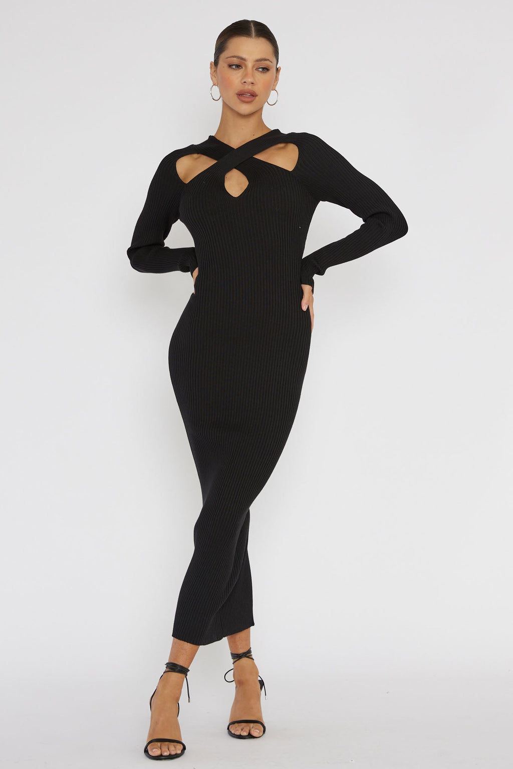 One Mind Cut-Out Neckline Knit Midi Dress Black by Selfie Leslie