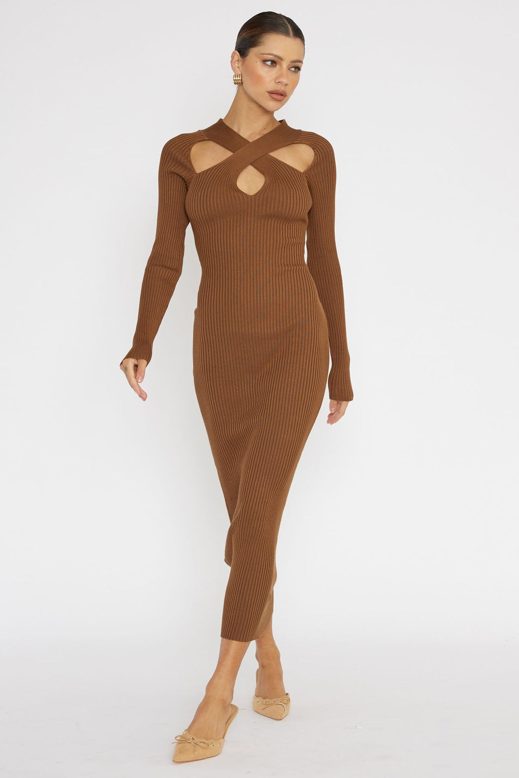 One Mind Cut-Out Neckline Knit Midi Dress Chocolate by Selfie Leslie