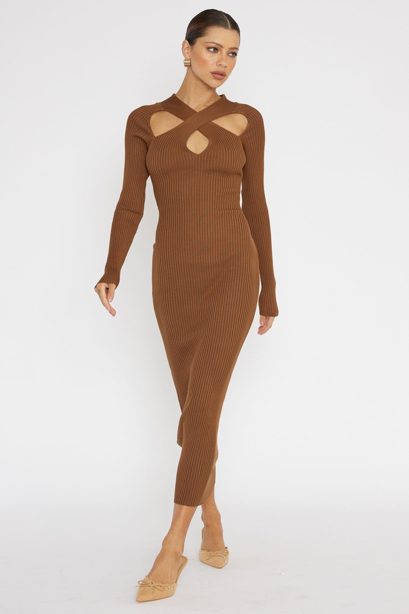 One Mind Cut-Out Neckline Knit Midi Dress Chocolate by Selfie Leslie
