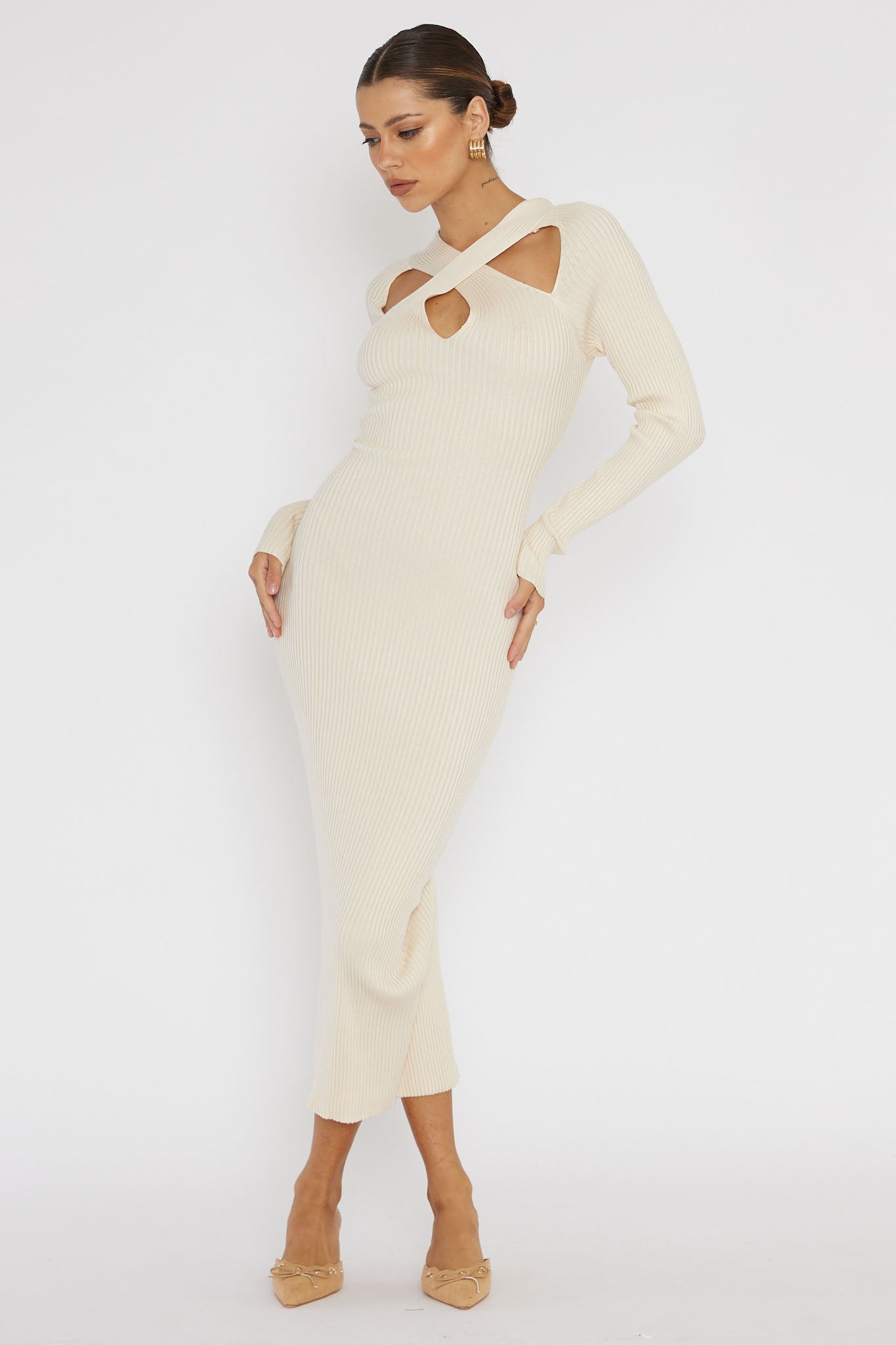 One Mind Cut-Out Neckline Knit Midi Dress Cream by Selfie Leslie