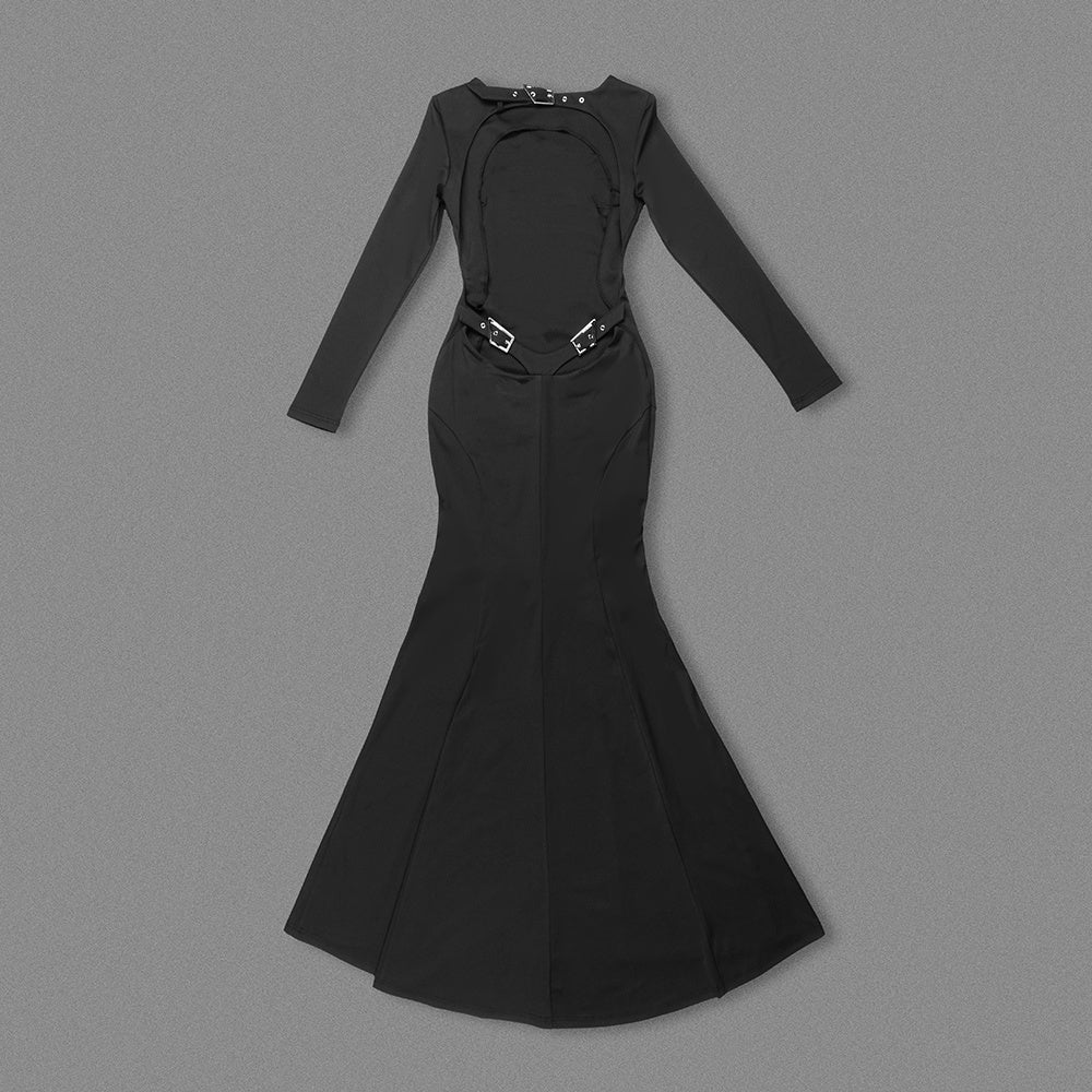 Black Long-Sleeve Open-Back Buckle-Embellished Mermaid Gown