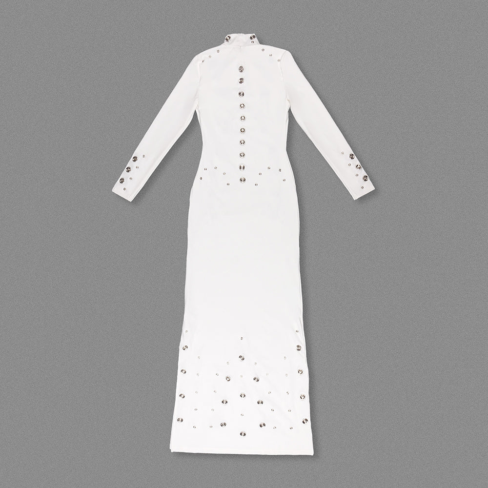 Turtleneck Embellished Slim-Fit Maxi Gown (Black/White)