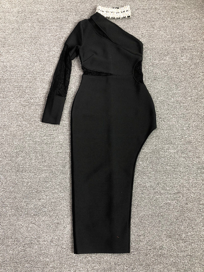 Black One-Shoulder Lace Midi Dress