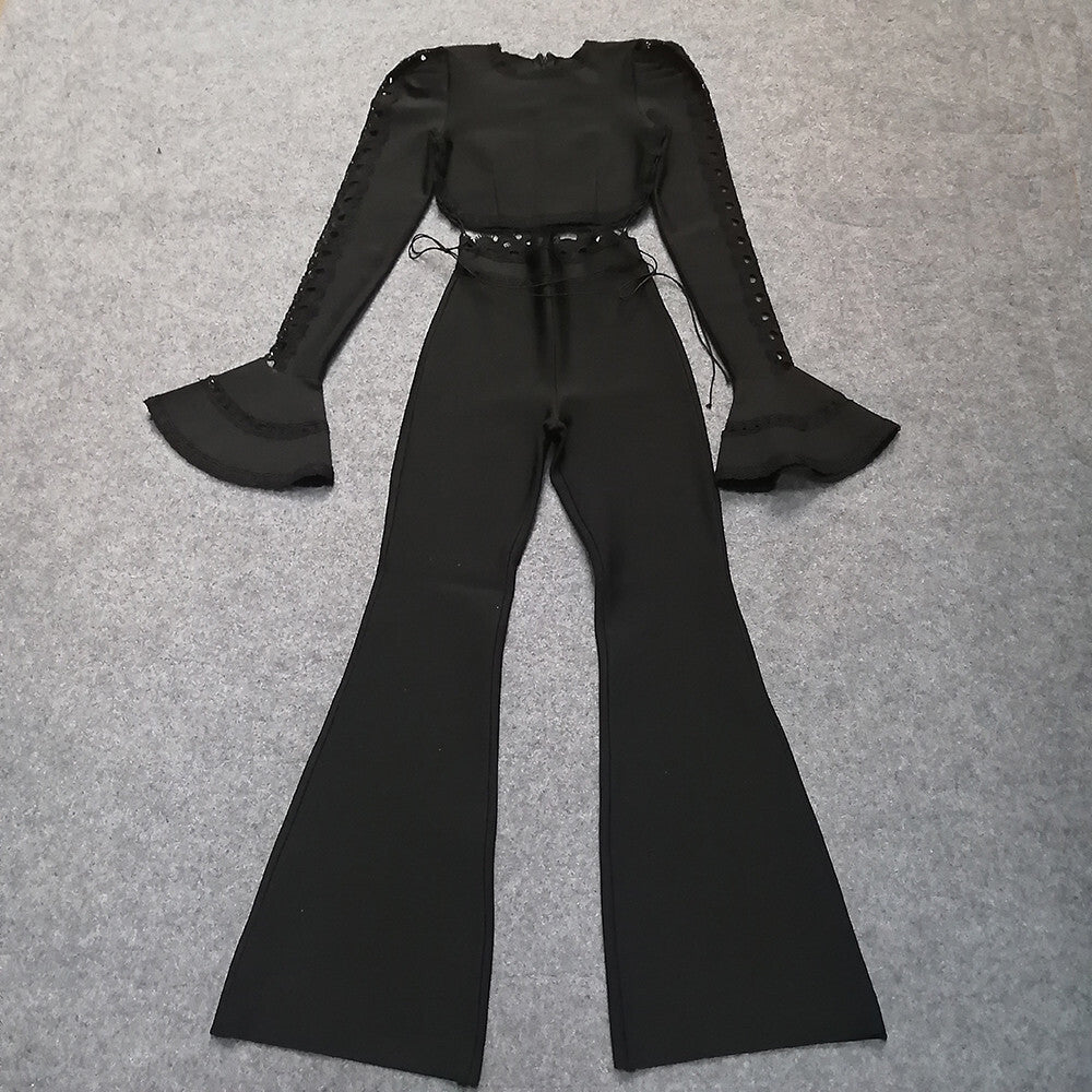 Lace-Trimmed Bell-Sleeve Crop Top + High-Waisted Flared Pants Set (Black & White)