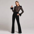 Black Lace Sequin Jumpsuit with Feather Cuffs & Wide-Leg Pants