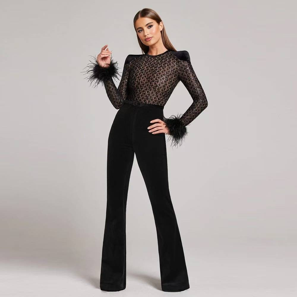 Black Lace Sequin Jumpsuit with Feather Cuffs & Wide-Leg Pants